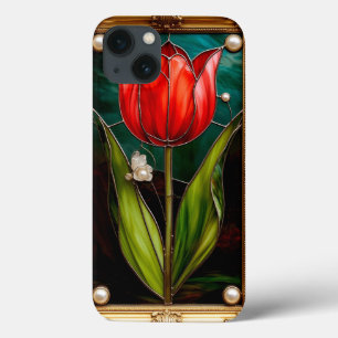 Funda Para iPhone 13 Elegante Tulipán de Vidrio Pintado con Marco Dorad
