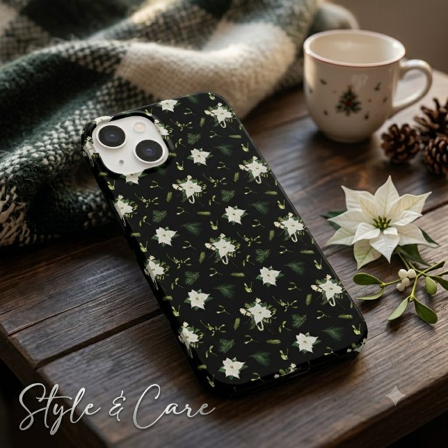 Funda De Case-Mate Para iPhone Elegante Verde Blanco Floral Negro (Elegant Green White Floral Black Case-Mate iPhone 14 Case)
