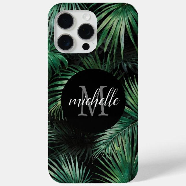 Funda De Case-Mate Para iPhone Elegante verde negro Palm Leaves Tropicales Monogr (Reverso )