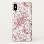 Funda Para iPhone X Elegante Vintage Francés Grabado Floral Toile-Rosa<br><div class="desc">Elegante y adornado patrón rosa y blanco vintage de jouy con flores exóticas, viñas y follaje entrelazados con guirnaldas y canastos de rosas. Este patrón se adaptó a partir de un fragmento textil francés histórico aproximadamente en 1910 en la colección Smithsonian. El patrón es de alta resolución pero no se...</div>