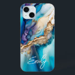 Funda Para iPhone 15 Mini Elegante y moderno nombre personalizado de mármol<br><div class="desc">Los Fundas Modern Elegant Blue Gold Marble Personalized Name iPhone 15 Plus presentan su nombre personalizado en una elegante tipografía de escritura caligráfica sobre un fondo moderno de mármol azul y oro. Un regalo perfecto para su cumpleaños, madre para el Día de la Madre, hermana o mujer para Navidades y...</div>