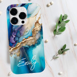 Funda Para iPhone 14 Pro De Case-Mate Elegante y moderno nombre personalizado de mármol<br><div class="desc">Modern Elegant Blue Gold Marble Personalized Name iPhone 14 Pro Fundas presenta su nombre personalizado en una elegante tipografía de escritura caligráfica sobre un fondo moderno de mármol azul y oro. Un regalo perfecto para su cumpleaños, madre para el Día de la Madre, hermana o mujer para Navidades y vacaciones....</div>