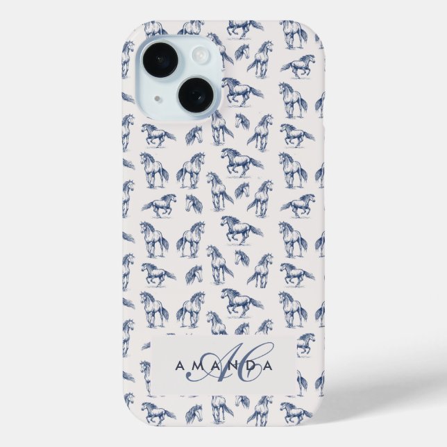 Funda De Case-Mate Para iPhone Elegantes Caballos Azules Monogramados Regalos Ini (Reverso )