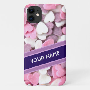 Funda Para iPhone 11 Elegantes corazones violeta rayado iPhone con nomb