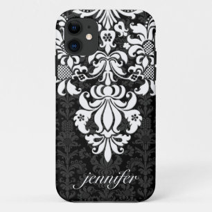 Funda Para iPhone 11 Elegantes damascos florales de color blanco y negr
