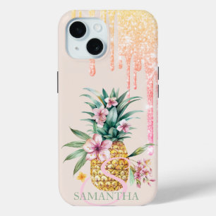 Funda Para iPhone 15 Elegantes Flores de Piña con Brillo