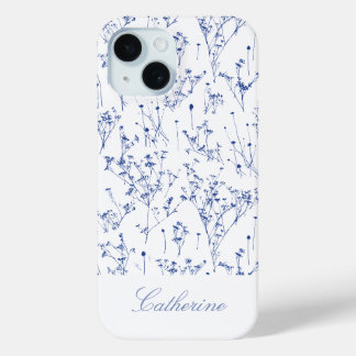 Funda Para iPhone 15 Elegantes flores silvestres azules reales modernos