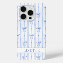 Funda Para iPhone 15 Pro Elegantes lazos de coqueta a rayas azules monogram