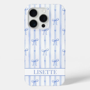 Funda Para iPhone 15 Pro Elegantes lazos de coqueta a rayas azules monogram
