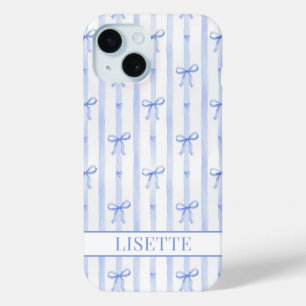 Funda Para iPhone 15 Elegantes lazos de coqueta a rayas azules monogram