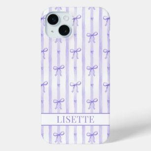 Funda Para iPhone 15 Mini Elegantes lazos de coqueta con rayas moradas monog