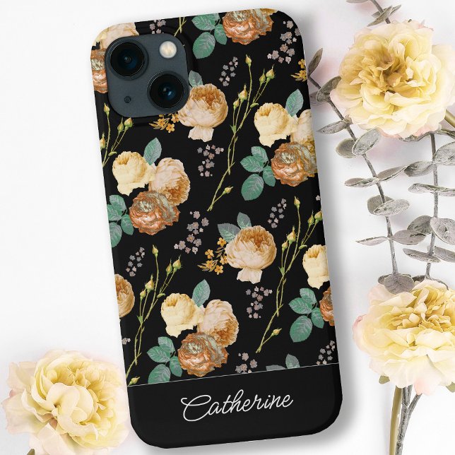 Funda De Case-Mate Para iPhone Elegantes Modas Rosas beiges florales en negro (Subido por el creador)