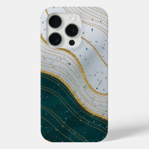 Funda Para iPhone 15 Pro Elegantes olas de oro en un profundo resumen verde