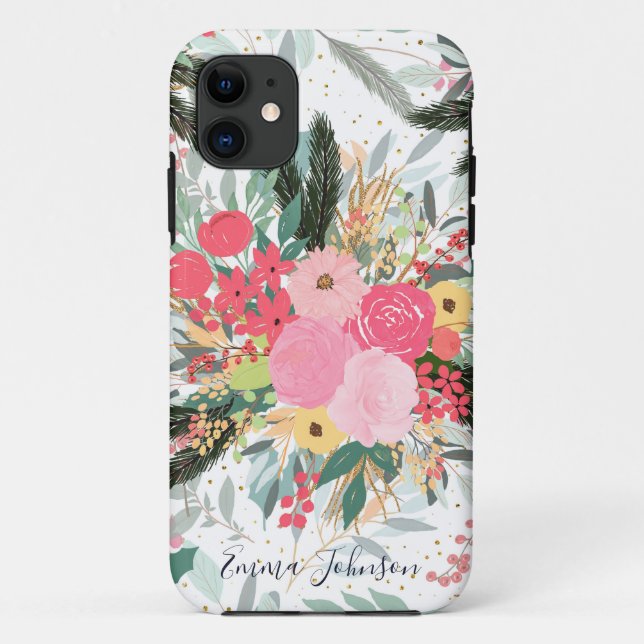 Funda De Case-Mate Para iPhone Elegantes Purpurinas blancos florales y dorados (Reverso)
