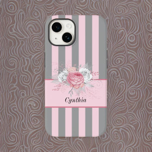 Funda Para iPhone 14 De Case-Mate Elegantes rayas y flores grises y rosas