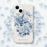 Funda Para iPhone 14 De Case-Mate Elegantes Rosas de color azul pastel personalizado<br><div class="desc">Arroz azul y blanquecina,  flores y follaje sobre fondo blanco antiguo con campo de texto para su nombre,  iniciales o monograma.</div>
