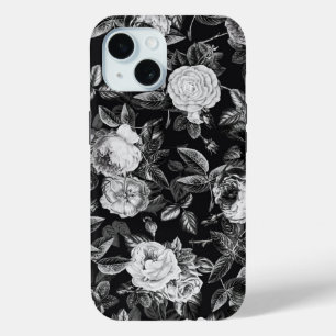 Funda Para iPhone 15 Elegantes Rosas de flores botánicas blancas negras