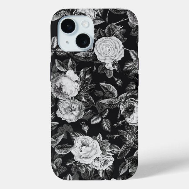 Funda De Case-Mate Para iPhone Elegantes Rosas de flores botánicas blancas negras (Reverso )