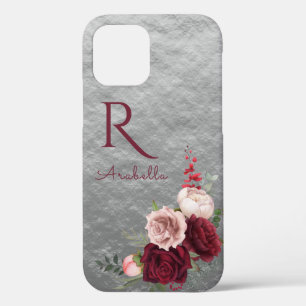 Funda Para iPhone 12 Elegantes Rosas de Rubor rojos con monograma en gr