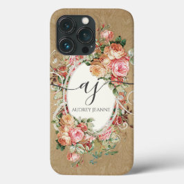 Funda Para iPhone 13 Pro Elegantes Rosas florales Gold Damask Monograma Scr
