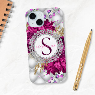 Funda Para iPhone 15 Elegantes Rosas Monograma de diamantes de Borgoña 