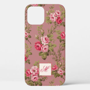 Funda Para iPhone 12 Elegantes rosas rosadas con fondo Rosa monograma a
