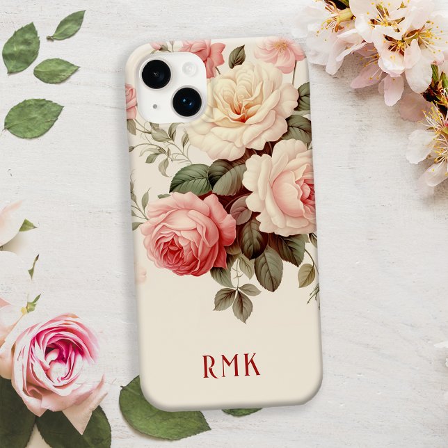 Funda De Case-Mate Para iPhone Elegantes Rosas rosados y Rubor con monograma (Subido por el creador)