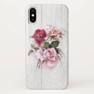 Funda Para iPhone X Elegantes rosas rosas y rojas en madera encalada