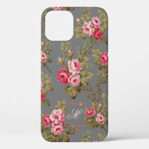 Funda Para iPhone 12 Elegantes Rosas Vintage con fondo monogramo-gris
