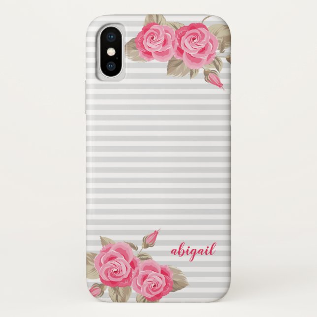 Funda De Case-Mate Para iPhone Elegantes rosas y blancas y nombre de monograma (Reverso)
