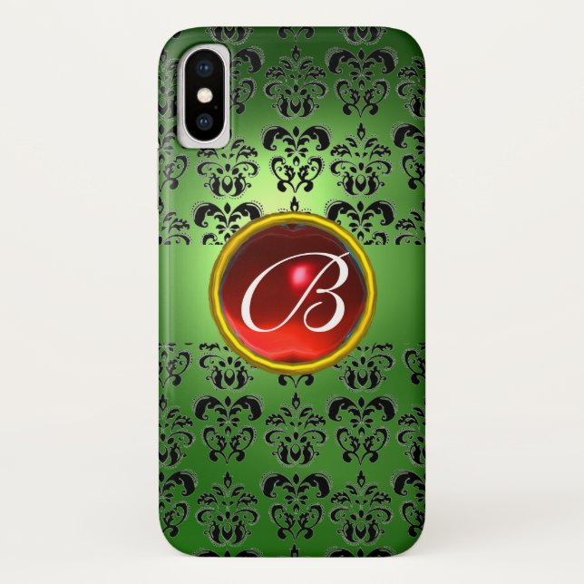 FUNDA DE Case-Mate PARA iPhone EMERALD GREEN DAMASK RED GEM MONOGRAM (Reverso)
