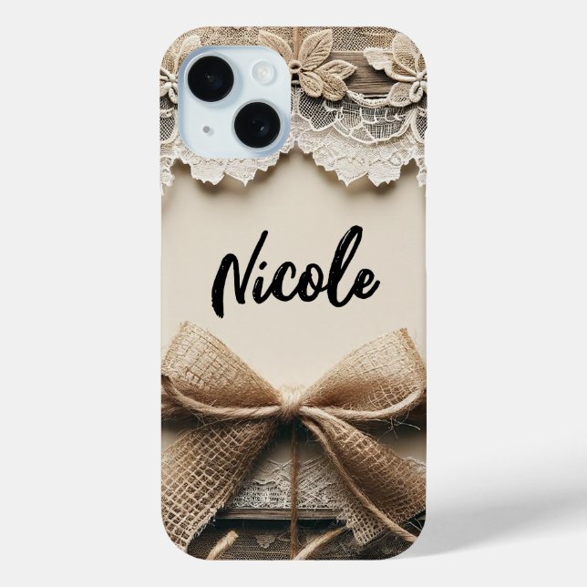 Funda De Case-Mate Para iPhone Encaje Floral Antiguo Arpillera Boda Rústica (Reverso )