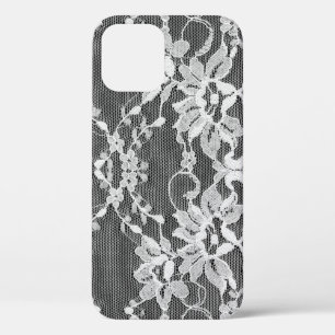 Funda Para iPhone 12 Encaje floral blanco: fondo negro.
