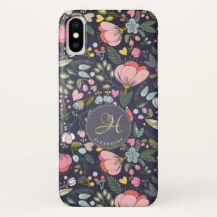 Funda Para iPhone X Encantador patrón floral monograma nombre rosa y g