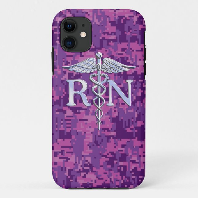 Funda De Case-Mate Para iPhone Enfermera inscrita RN Silver Caduceus Fuchsia Camo (Reverso)