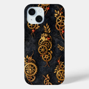 Funda Para iPhone 15 Engranajes Dorados Vintage y Neon Rojo Cyberpunk M