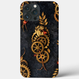 Funda Para iPhone 13 Pro Max Engranajes Dorados Vintage y Neon Rojo Cyberpunk M
