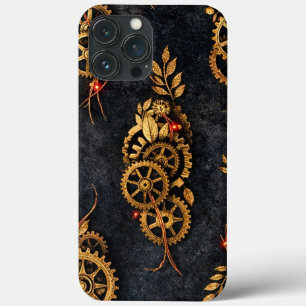 Funda Para iPhone 13 Pro Max Engranajes Dorados Vintage y Neon Rojo Cyberpunk M