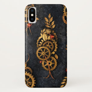 Funda Para iPhone X Engranajes Dorados Vintage y Neon Rojo Cyberpunk M