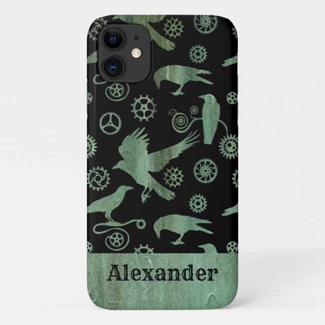 Funda De Case-Mate Para iPhone Engranajes y cuervos Steampunk Verdigris con nombr (Reverso)