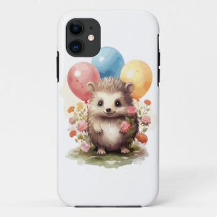 Funda Para iPhone 11 Erizo de Acuarela Retro Adorable con Globos