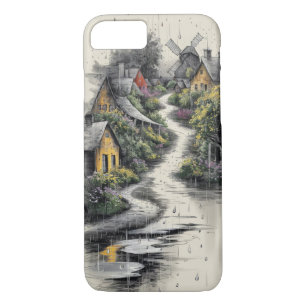 Funda Para iPhone 8/7 Esbozo de carbón vegetal en un pintoresco pueblo r