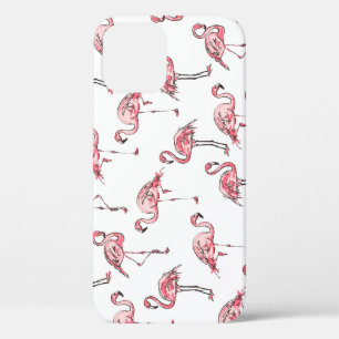 Funda Para iPhone 12 Esbozo Flamingo: Patrón Vintage tropical.