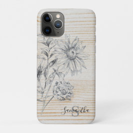 Funda Para iPhone 11 Pro Esbozo floral sobre fondo de madera falsa Monogram