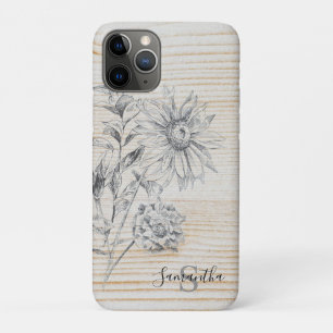 Funda Para iPhone 11 Pro Esbozo floral sobre fondo de madera falsa Monogram
