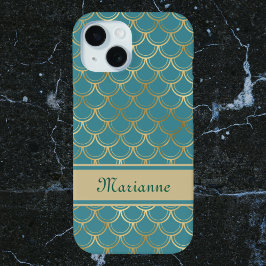Funda Para iPhone 15 Escalas de sirenas verde azuladas y doradas con no