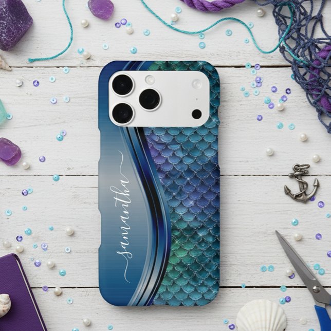 Funda De Case-Mate Para iPhone Escama de sirena de monograma púrpura azul marino (Subido por el creador)