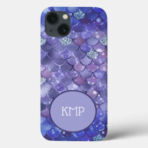 Funda Para iPhone 13 Escamas de sirena de brillo azul de monograma plat