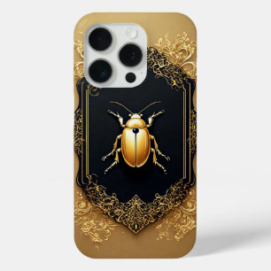 Funda Para iPhone 15 Pro Escarabajo Dorado Ornamentado sobre Fondo Decorati
