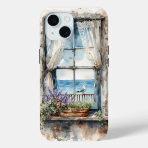 Funda Para iPhone 15 Escena costera en acuarela con vista al mar desde 